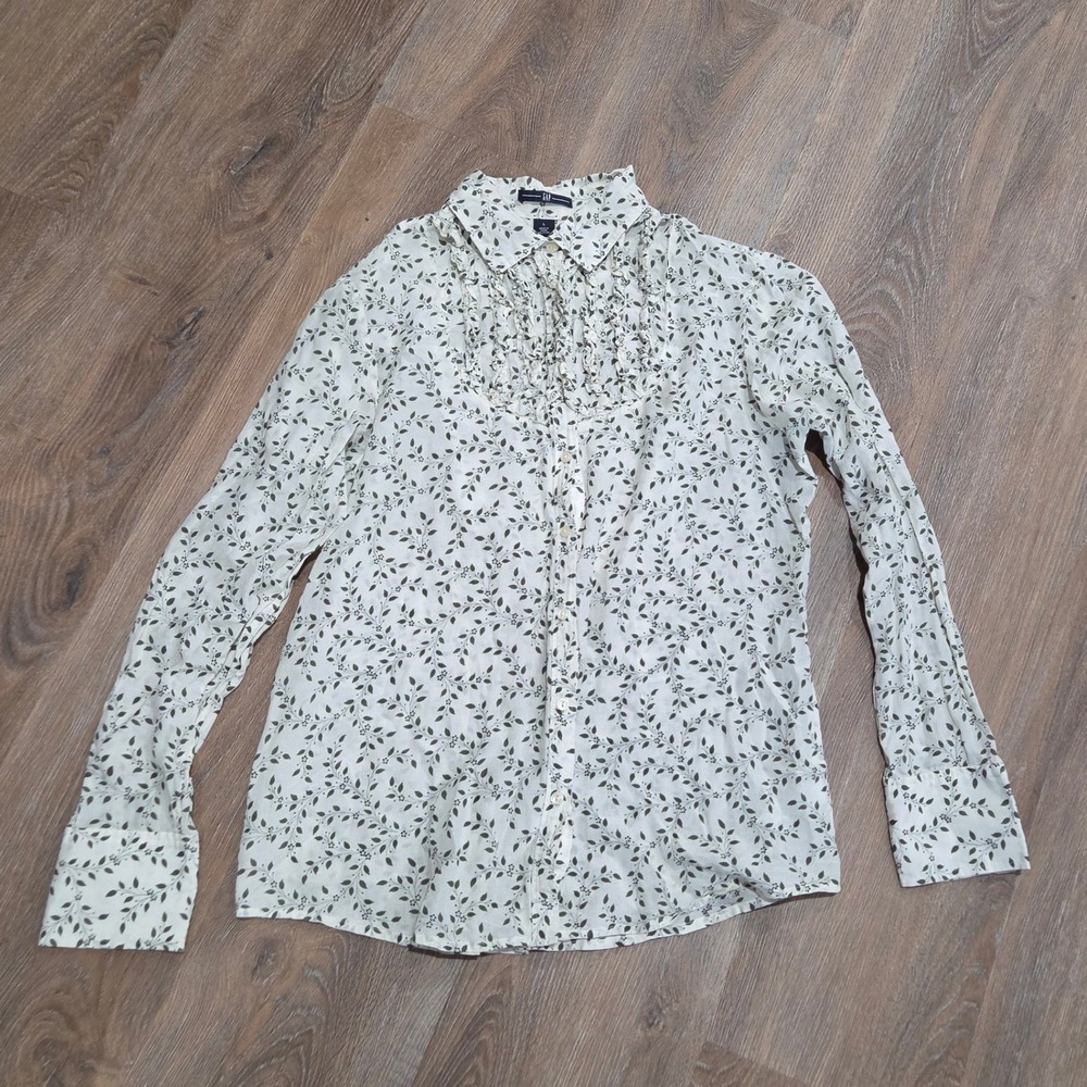 GAP Cotton Silk Blend Floral Ruffle Front Blouse Ivory Green Long Sleeve Large
